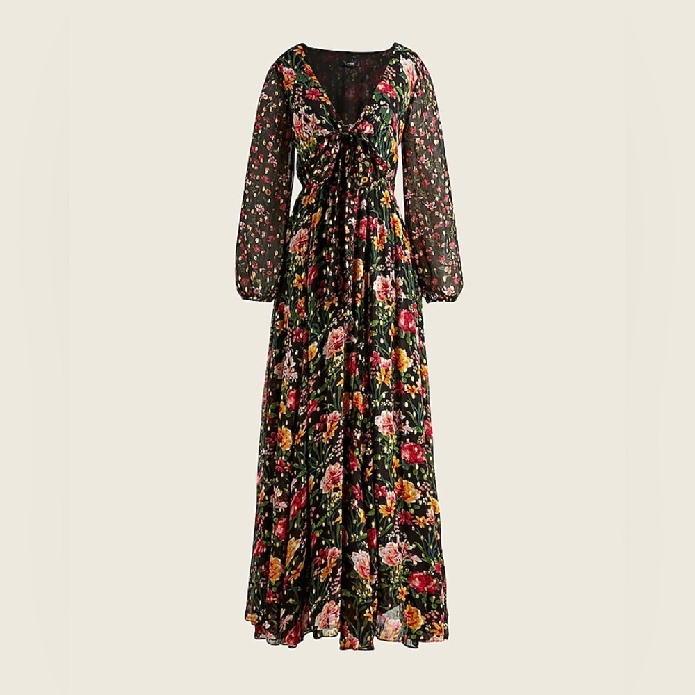 J. Crew Black Floral Maxi Dress with Pink, Red and Yellow Flowers